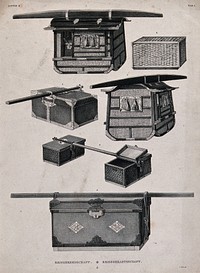 Japanese travelling panniers and trunks. Lithograph by L.M. Nader.