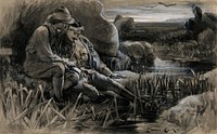 Boer War: wounded soldiers awaiting for medical help in the cold and damp. Watercolour by L. Calkin, 1899.