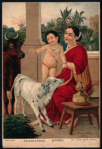 Krishna as an infant on Yasoda's lap playing with a cow and a calf. Chromolithograph by R. Varma, 1896.