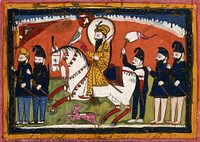 Page 53: Guru Gobind Singh on horseback with his falcon and attendants. Gouache drawing.