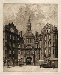 University College Hospital, London: the entrance facade on Gower Street. Etching.