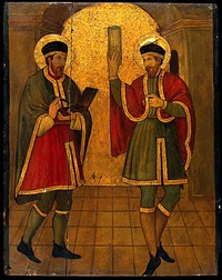 Saint Cosmas and Saint Damian. Oil painting formerly attributed to Jaime Huguet.