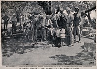 Boer War: a military physician bandages a wounded man in the open air, others watch. Halftone after H. M. Paget, c.1900.