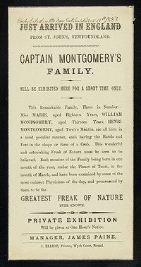 [Leaflet advertising Captain Montgomery's Family "Just arrived in England" from St. John's, Newfoundland, whose 3 children were all born with"hands and feet in the shape or form of a crab." They were exhibited in the New Cut, Lambeth 10 November 1883, by manager, James Paine].