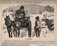 A country doctor out in his horse and trap, enquiring how a farm worker has voted. Wood engraving, 1886.