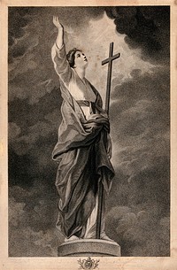 A personification of faith with a cross, standing on a column, looking upwards and raising her right arm. Stipple engraving by G.S and J.G Facius, 1781, after Josiah Boydell after Sir Joshua Reynolds.