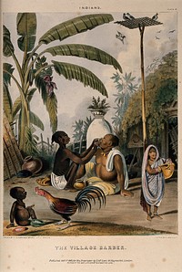 A seated barber shaving a man in a village in Bengal. Coloured lithograph by Bouvier after a drawing by W. Tayler.