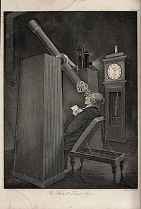 Astronomy: an observatory telescope, with an astronomer recording the transit of Venus. Engraving by James Basire.