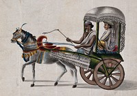An Indian zamindar travelling in a small covered carriage pulled by a horse. Gouache painting by an Indian artist.