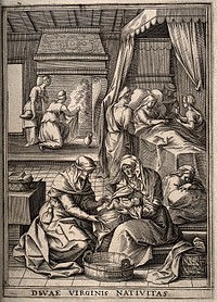 A midwife giving the Virgin Mary her first bath while Anna is recovering in bed. Line engraving by H. Wierix.