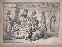 Count de Peltzer lying mortally wounded on his bed attended by his fiancée Mlle de Benskow, her mother and her brother, and a boy bringing soup for the dying man. Etching after H.W. Bunbury.