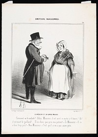 A physician and a nurse discuss the recent death of a patient: the physician instinctively resorts to blaming the patient for non-compliance in following the prescribed dosage. Lithograph by H. Daumier, 1840.