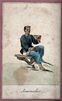 A man is sitting on a type of rope seat with a brush in one hand and a large bowl in the other. Coloured etching.