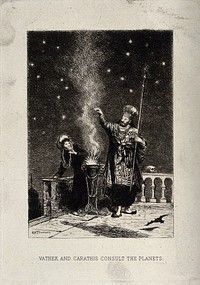 Astrology: Vathek, and his mother Carathis, consult the planets. Etching by A. H. Torriere after W. Beckford.