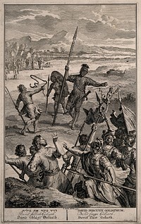 The combat between David and Goliath. Line engraving by P. Sluiter after G. Hoet.