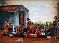 Women grinding and sieving grain into flour. Watercolour by an Indian artist.