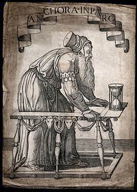 An old man with a beard in a walking frame with an hourglass; representing lifelong learning. Engraving by A. Salamanca, 1538.