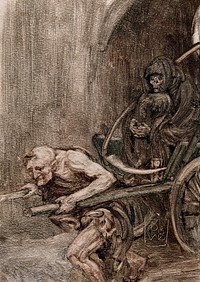 A man pulls a cart in which Death is seated. Monotype by R. Bunny.