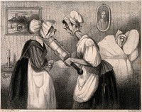 Two maids confer on whether to 'refresh' a sick man even further by putting cold water into his enema. Lithograph by Cham, c. 1840.