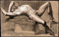 A reclining male nude with his left arm shielding his eyes. Black chalk drawing by J.J. Masquerier.