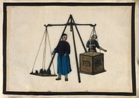 A man checks the weight of a crate of tea, which has been placed on a large balance. Painting by a Chinese artist, ca. 1850.