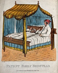 A couple lie in bed, the woman has her hands and feet padlocked into stocks at each end of the bed, and her husband has a whip. Coloured aquatint. after J.F.