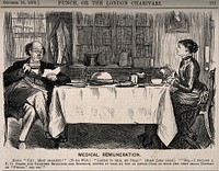 A doctor reading out a letter from a dissatisfied patient to his wife over breakfast. Wood engraving by C. Keene, 1878.