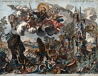 Saint Alexius as protector against earthquakes. Coloured engraving by J. and J. Klauber after J.B Baumgartner.