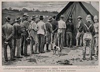 Boer War: thirsty ambulance men queuing up at a beer tent. Process print by Swain after F. Dadd after A. Lindsay Twite.