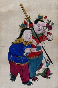Two Chinese women, one holding flowers, the other a sword. Hand tinted woodcut by a Chinese artist.