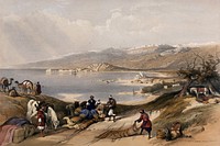 Sidon, looking towards Lebanon. Coloured lithograph by Louis Haghe after David Roberts, 1843.