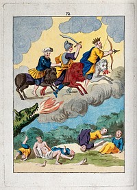 Three men ride through the sky on black, red and white lions (colours of the alchemical process); beneath, men lay sprawled among dismembered limbs. Coloured etching after etching, ca. 17th century.