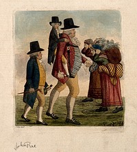 Hamilton Bell carrying a vintner's boy on his back from Edinburgh to Musselburgh, accompanied by John Rae, a pair of fishwives walk in the other direction. Coloured etching by J. Kay, 1792, after himself.