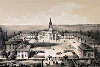 Mettray penal colony, Mettray, France: a general view. Lithograph by Sauvé and Faivre after A. Thierry.