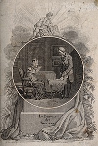 A man (Guillaume le franc-parleur) showing his wife a newborn baby: she is torn between outrage at her husband's supposed infidelity and love for the baby. Engraving by A. Coupé after A. Desenne, 1814, after Étienne Jouy.