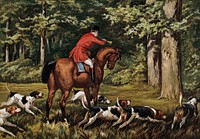 A mounted huntsman with his hounds by a wood. Colour line block.