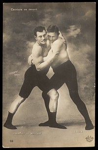 Two wrestlers facing off. Photographic postcard by Walery, 190-.
