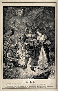 An allegory of pride: a richly dressed couple with an elegant attitude ignore the poor by their side and walk straight over the edge of a cliff; behind them stands an enormous devil who watches them; demons appear in the background. Wood engraving by L. Rhead.