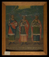 Saint Cosmas, Saint Panteleimon, and Saint Damian. Oil painting.