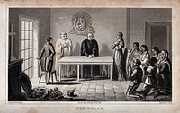 Potosí, Peru (later Bolivia): Edmond Temple, a lady (Doña Juliana), her Andean servants and two clerics assembled for grace after dinner. Aquatint by J. Clark, 1829, after W. Hornsby.