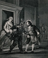 A young man attempting to visit a young lady at a door: he is prevented from doing so by a guard. Engraving by J. Houbraken after C. Troost.