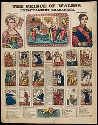 Top left, Queen Victoria; top centre, couples dancing during a ball; top right, Prince Albert; below, various characters. Coloured woodcut, 1840.