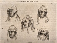Five heads illustrating different methods of bandaging. Stipple engraving by J. Bell.
