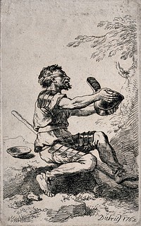 An old man with a blindfold and wearing parts of armour on his arms and legs is holding out a begging bowl. Etching by Christian Wilhelm-Ernst Dietrich.