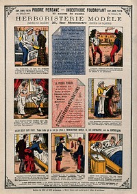 Seven vignettes showing uses of Poudre Persane insecticide. Colour line block, ca. 1880.