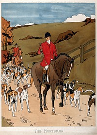 A huntsman on his horse, surrounded by a pack of hounds. Colour lithograph, by H. Thornely, 1902.
