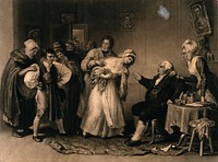 A matrimonial dispute: a young man looks aggressive as a young woman is accused before her father . Mezzotint.