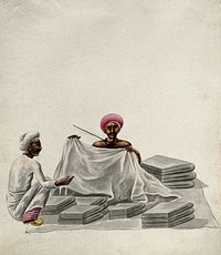 A cloth seller, measuring a piece of cloth for a customer. Gouache painting by an Indian artist.