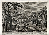The month July and the sign of Leo, represented by a rural landscape in summer and Christ as the Good Shepherd. Engraving by A. Collaert after H. Bol, 1585.