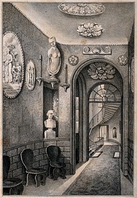Sir John Soane's House and Museum: the hallway and stairs at ground floor level, showing the vestibule and chairs. Lithograph by C. Hullmandel [1835] after C. J. Richardson.